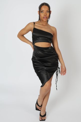 Asymmetric Cut Out Ruched Satin Midi Dress Black UK 4