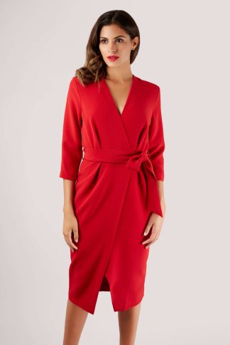 Closet London Red 3/4 Sleeve Wrap Pencil Dress