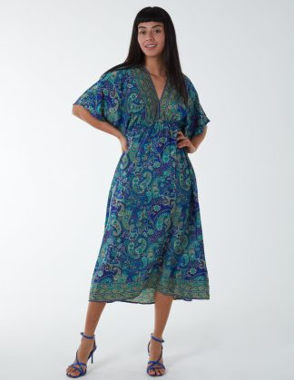 Kimono Sleeve Midi Dress - S / NAVY