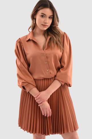 Closet London Curves Rust Brown Pleated Shirt Mini Dress