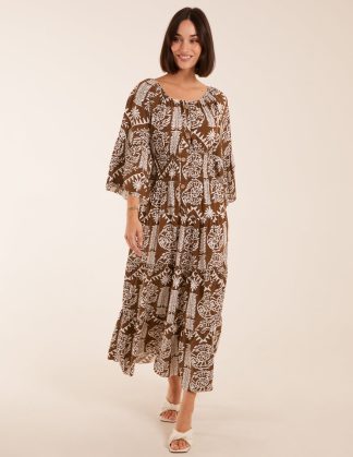 Print Button Front Scoop Neck Maxi Dress - S/M / CHOCOLATE