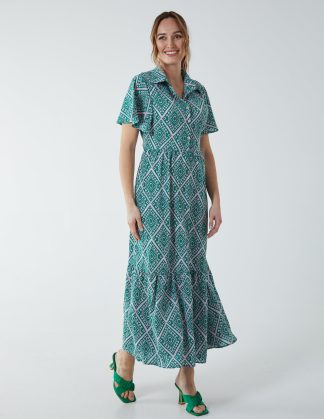 Diamond Print Angel Sleeve Maxi Dress - 8 / GREEN