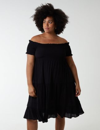 Curve Bardot Shirred Neck Line Floaty Dress - 26/28 / BLACK