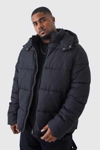 Mens Plus Hooded Matte Puffer Jacket in Black, Black