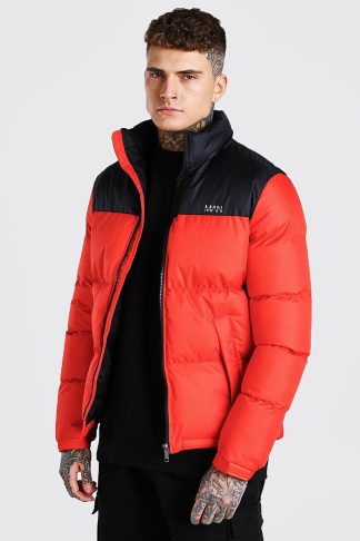 Mens Red Man Dash Colour Block Puffer Jacket, Red