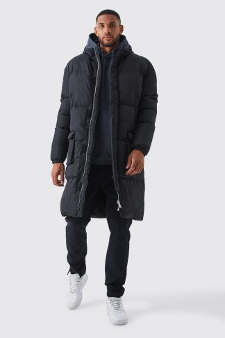 Mens Tall 4 Pocket Longline Hooded Puffer Jacket in Black, Black