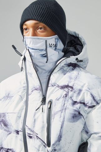 Mens White Oversized Abstract Print Ski Puffer Jacket, White