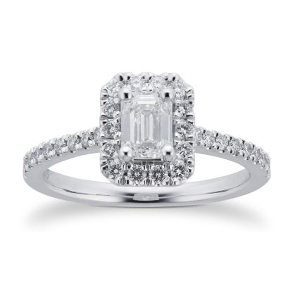 Platinum 0.75cttw Diamond Emerald Cut Halo Engagement Ring - Ring Size M