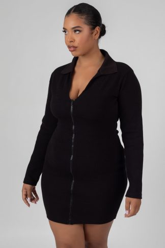 Curve Zip Through Collared Mini Dress Black UK 18