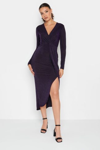 Lts Tall Black & Purple Glitter Twist Wrap Midi Dress 12 Lts | Tall Women's Party Dresses