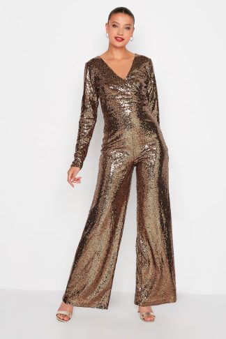 Lts Tall Gold Sequin Embellished Stretch Wide Leg Jumpsuit 14-16 Lts | Tall Women's Jumpsuits