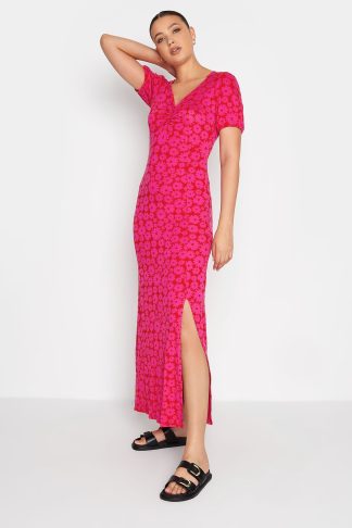 Lts Tall Hot Pink Floral Print Ruched Maxi Dress 14 Lts | Tall Women's Casual Dresses