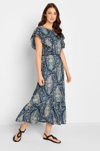 Lts Tall Navy Blue Paisley Print Frill Sleeve Maxi Dress 16 Lts | Tall Women's Summer Dresses