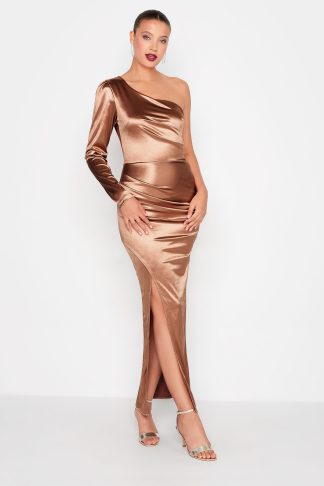 Lts Tall Rose Gold One Shoulder Ruched Satin Maxi Dress 8 Lts | Tall Women's Maxi Dresses