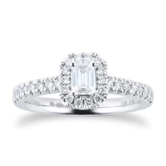 Platinum 0.60ct Diamond Emerald Cut Halo Engagement Ring - Ring Size L