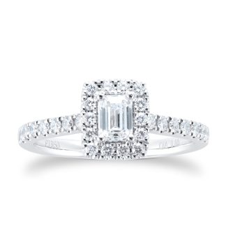 Platinum 0.80cttw Diamond Emerald Cut Halo Engagement Ring - Ring Size N