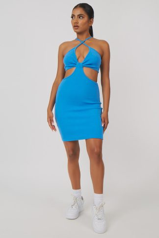Rib Ruched Bust Cut Out Mini Dress Blue UK 6
