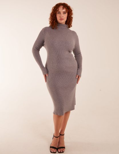 Curve Ribbed Roll Neck Midi Dress - 18/20 / GREY