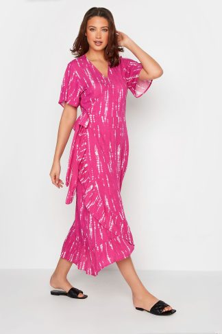 Lts Tall Pink Tie Dye Ruffle Wrap Maxi Dress 12 Lts | Tall Women's Maxi Dresses