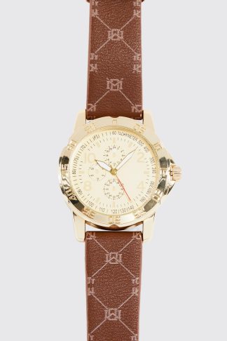 Mens Brown Watch With Faux Leather Print Strap, Brown