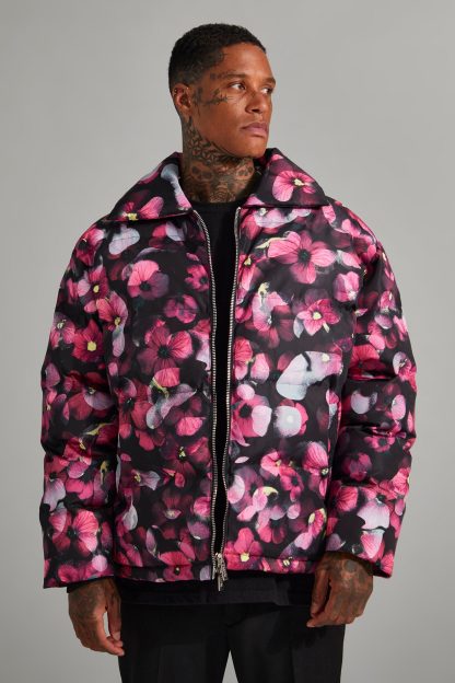 Mens Black Digital Floral Boxy Puffer Jacket, Black