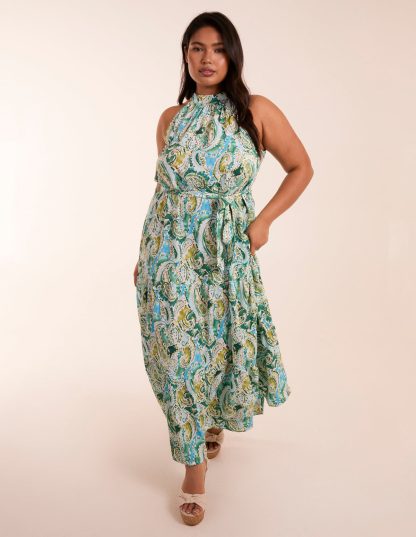 Curve Halter Neck Paisley Maxi Dress - 18 / GREEN