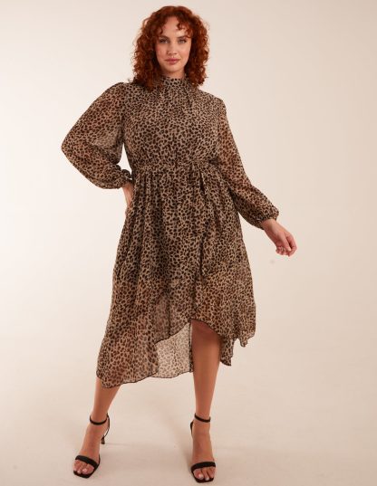 Curve Leopard Print High Neck Wrap Midi Dress - 18 / Tan