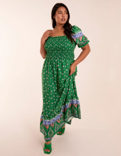 Curve Milkmaid Shirred Floral Maxi Dress - 22/24 / GREEN