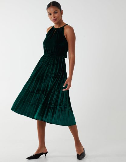 Halter Neck Pleated Midi Dress - 8 / Bottle Green