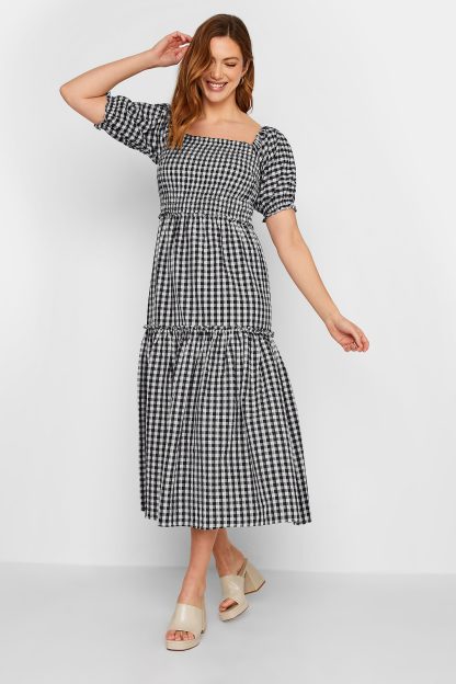 Lts Tall Black Gingham Shirred Midi Dress 16 Lts | Tall Women's Casual Dresses