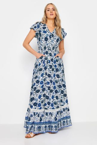 Lts Tall Blue Floral Print Front Split Maxi Dress 10 Lts | Tall Women's Maxi Dresses