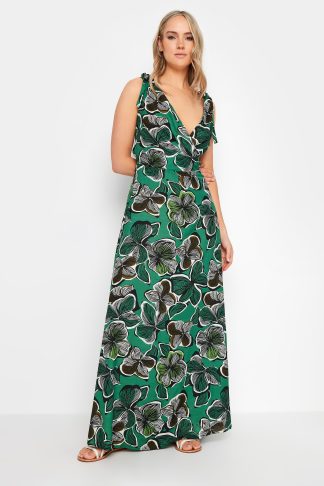 Lts Tall Green Tropical Print Shoulder Tie Maxi Dress 24 Lts | Tall Women's Maxi Dresses