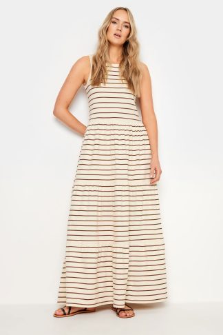 Lts Tall Natural Brown Striped Tiered Sleeveless Maxi Dress 10 Lts | Tall Women's Maxi Dresses