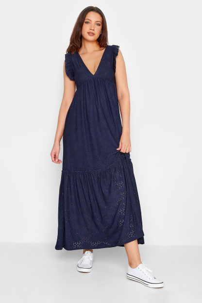 Lts Tall Navy Blue Broderie Anglaise Frill Maxi Dress 8 Lts | Tall Women's Maxi Dresses