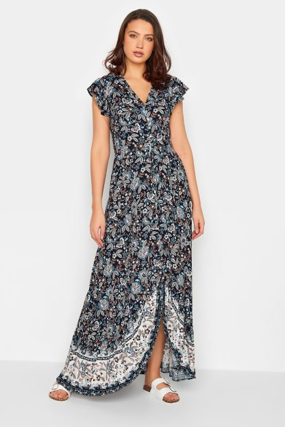 Lts Tall Navy Blue Floral Print Border Maxi Dress 24 Lts | Tall Women's Maxi Dresses