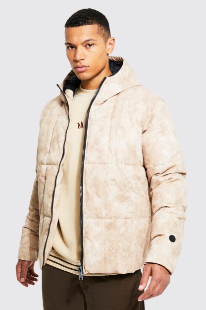 Mens Beige Tall Tie Dye Square Panel Hooded Puffer, Beige