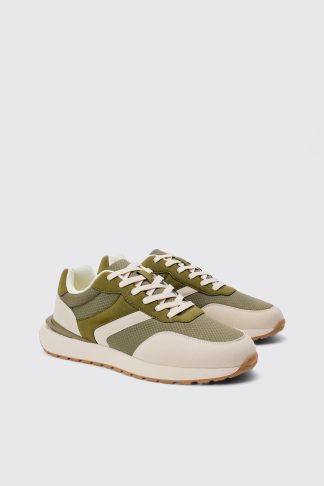 Mens Green Contrast Chunky Sole Trainers In Khaki, Green