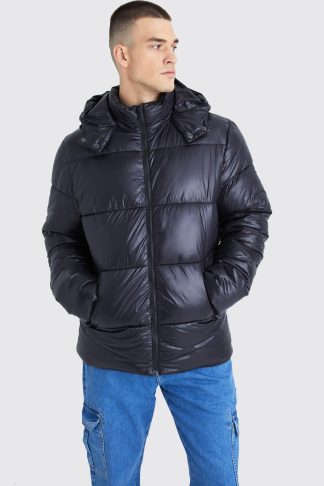 Mens Tall Hooded High Shine Puffer Jacket in Black, Black