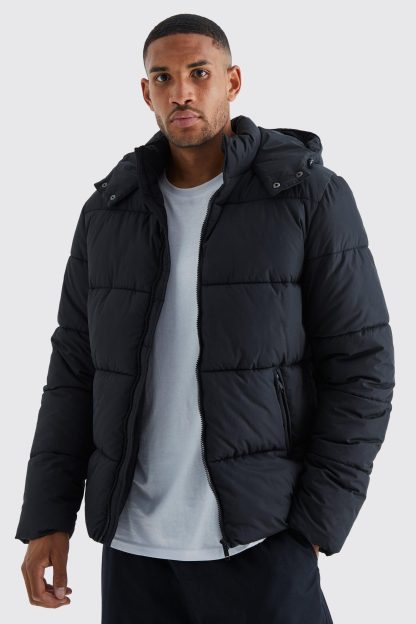 Mens Tall Hooded Matte Puffer Jacket in Black, Black