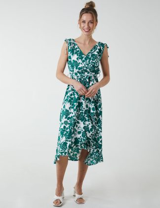 Wrap Front Midi Dress With Ruffle Hem - 14 / GREEN