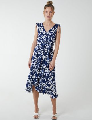 Wrap Front Midi Dress With Ruffle Hem - 8 / NAVY