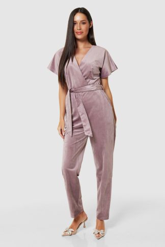 Closet London Blush Pink Velvet Wrap Straight Leg Jumpsuit