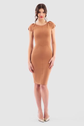 Closet London Camel Gathered Sleeve Panel Dress