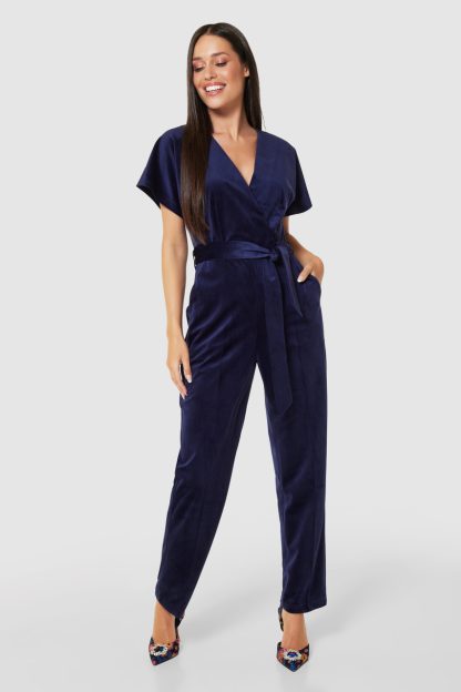 Closet London Navy Velvet Wrap Straight Leg Jumpsuit