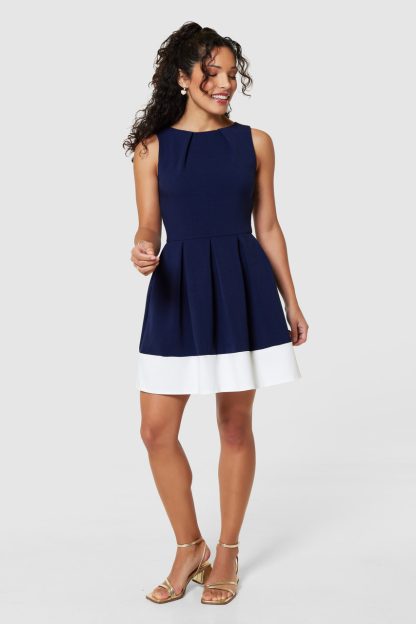 Closet London Navy and Cream Hem Pleated Dress