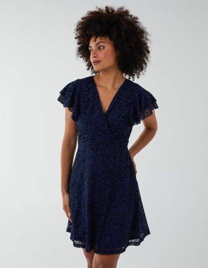 Leopard Velvet on Mesh Dress - 14 / NAVY