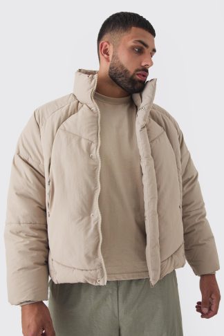 Mens Beige Plus Abstract Quilted Funnel Neck Puffer Jacket In Stone, Beige