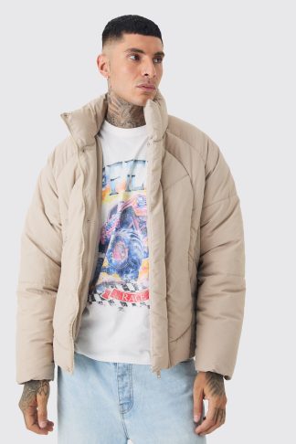 Mens Beige Tall Abstract Quilted Funnel Neck Puffer Jacket In Stone, Beige