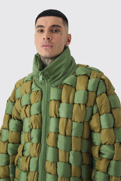 Mens Green Tall Contrast Hand Weft Padded Puffer Jacket In Khaki, Green