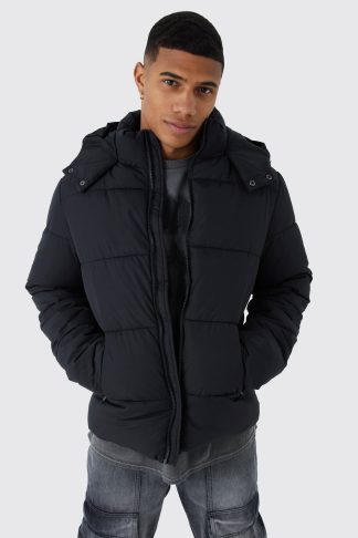 Mens Hooded Matte Puffer Jacket in Black, Black